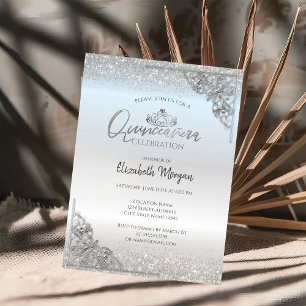 Invitación Tiara plateada chic, Quinceañera de marco de polvo
