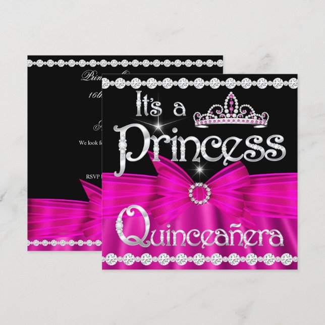 Invitación Tiara Plateada con Lazo Rosa Fuerte Princesa Quinc (Anverso / Reverso)