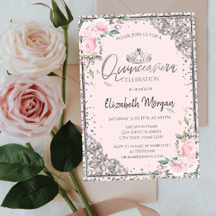 Invitación Tiara plateada elegante, Flores rosadas de diamant