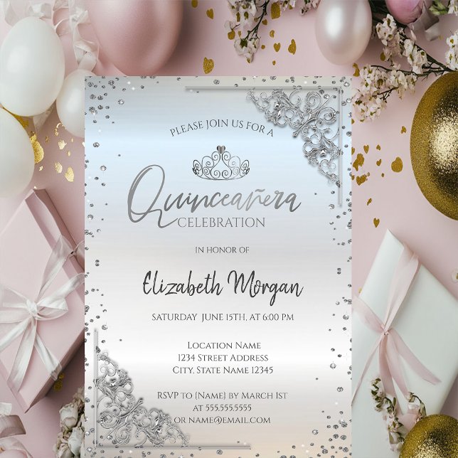 Invitación Tiara plateada elegante, Quinceañera con diamantes (Subido por el creador)