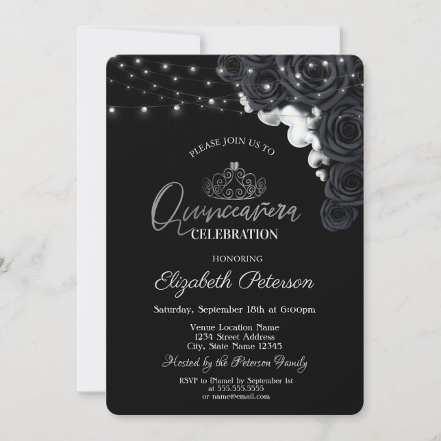 Invitación Tiara plateado, Rosas negros Quinceañera (Anverso)