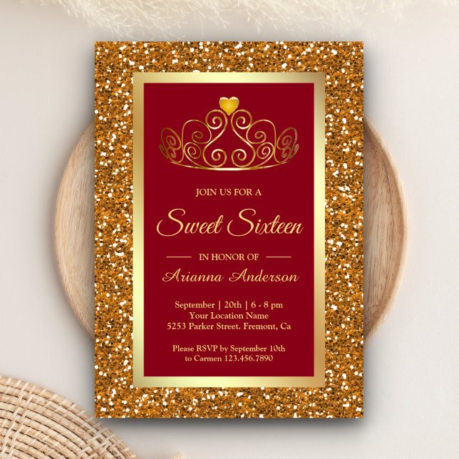 Invitación Tiara Princesa Brillo Dorado Falso Rojo Sweet Sixt (Subido por el creador)