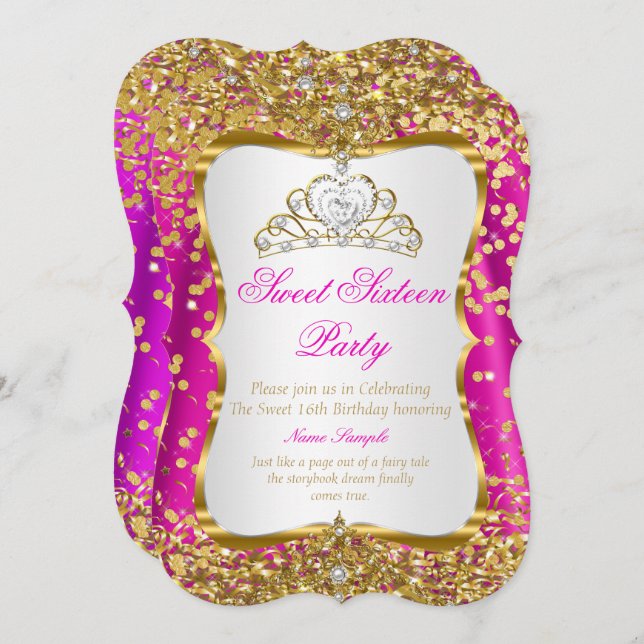 Invitación Tiara Princesa Dulce Rosa Caliente Invite Blanco O (Anverso / Reverso)
