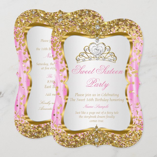 Invitación Tiara Princesa Dulces 16 Rosa Oro Blanc (Anverso / Reverso)