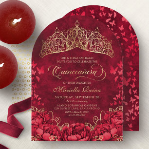 Invitación Tiara Princesa Rojo Dorado Elegante Quinceañera