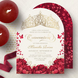 Invitación Tiara Princesa Rojo Dorado Elegante Quinceañera