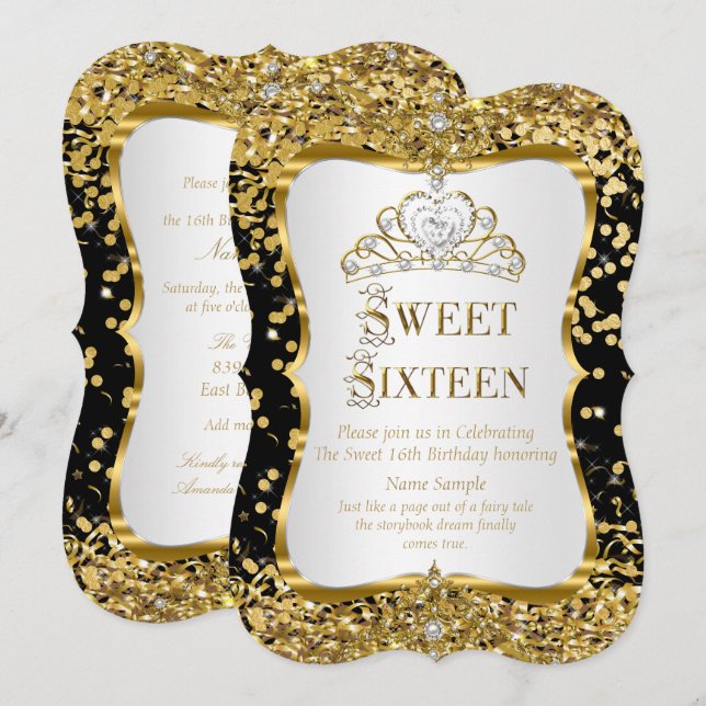 Invitación Tiara Princess Sweet 16 Invite blanco negro dorado (Anverso / Reverso)