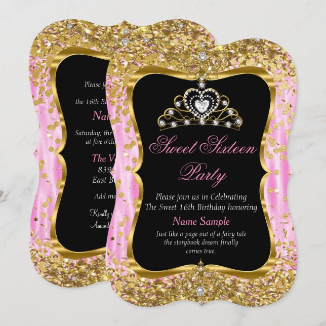 Invitación Tiara Princess Sweet 16 Invite negro de oro rosado (Anverso / Reverso)