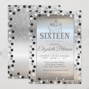 Invitación Tiara,Puntos Bokeh de Purpurina Plateada Fiesta Du