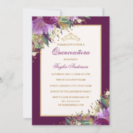 Invitación Tiara Purpurina Amethyst Purple Floral Quinceanera