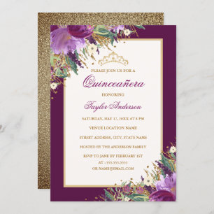 Invitación Tiara Purpurina Amethyst Purple Floral Quinceanera