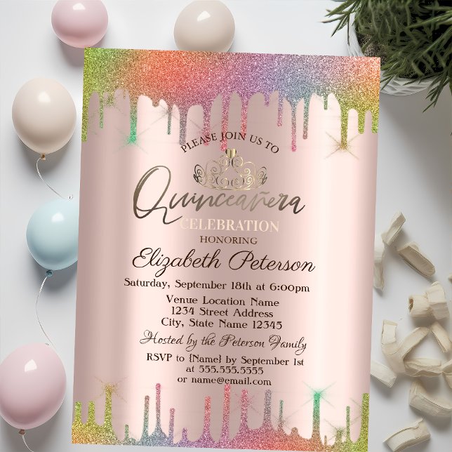Invitación Tiara, Purpurina arcoiris cae Quinceañera (Subido por el creador)