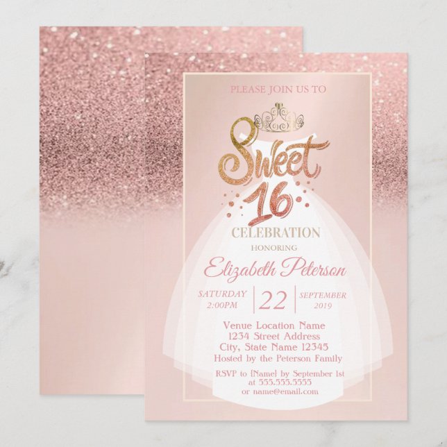 Invitación Tiara, Purpurina Bokeh Ombre, Dress Sweet 16 Fiest (Anverso / Reverso)