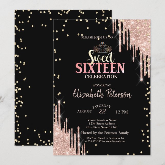 Invitación Tiara, Purpurina de diamantes gotea dulce 16 Fiest (Anverso / Reverso)