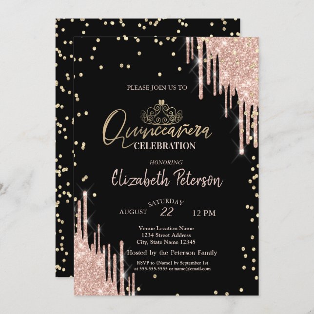 Invitación Tiara, Purpurina de diamantes perfora Quinceañera (Anverso / Reverso)