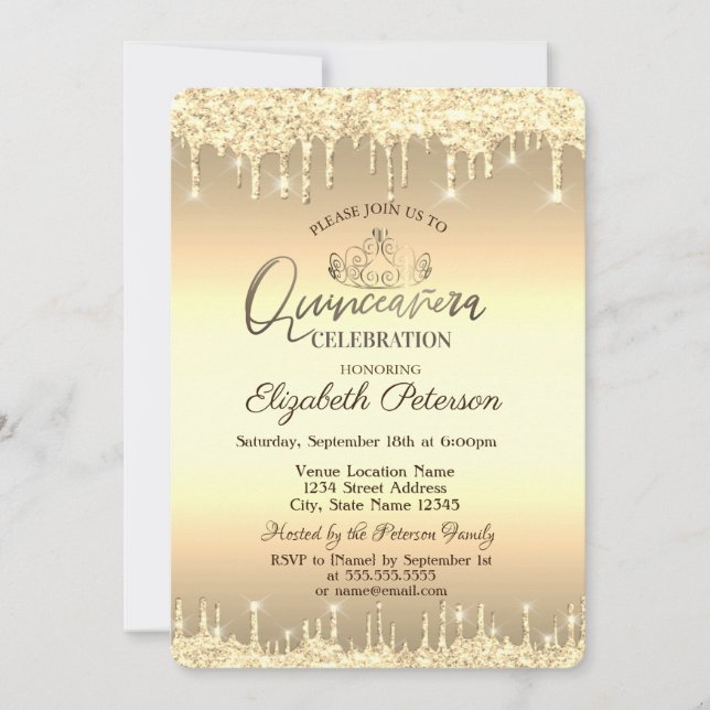 Invitación Tiara, Purpurina de oro cae Quinceañera (Anverso)