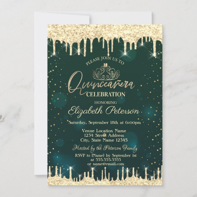 Invitación Tiara, Purpurina de oro perfora estrellas de quinc (Anverso)