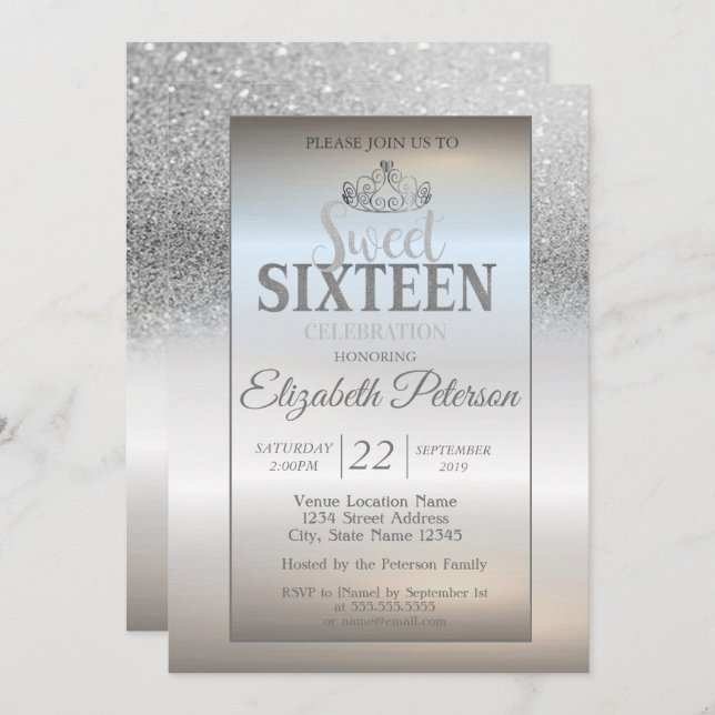 Invitación Tiara, Purpurina de plata Bokeh Ombre dulce 16 Fie (Anverso / Reverso)
