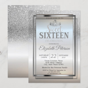 Invitación Tiara, Purpurina de plata de marco Bokeh Sweet 16