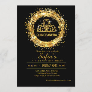 Invitación Tiara, Purpurina de Quinceañera de color negro y o