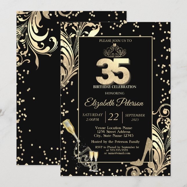 Invitación Tiara Purpurina Heels Diamonds Swirls 35 cumpleaño (Anverso / Reverso)