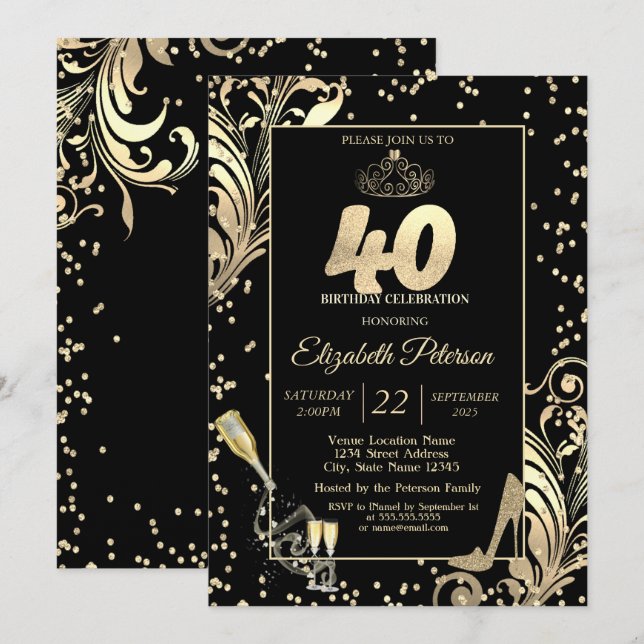 Invitación Tiara Purpurina Heels Diamonds Swirls 40 cumpleaño (Anverso / Reverso)