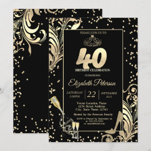 Invitación Tiara Purpurina Heels Diamonds Swirls 40 cumpleaño