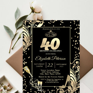 Invitación Tiara Purpurina Heels Diamonds Swirls 40 cumpleaño