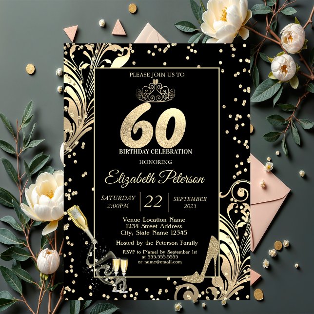 Invitación Tiara Purpurina Heels Diamonds Swirls 60 cumpleaño (Subido por el creador)