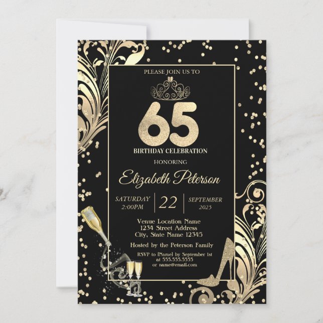 Invitación Tiara Purpurina Heels Diamonds Swirls 65th Birthda (Anverso)