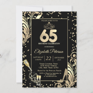 Invitación Tiara Purpurina Heels Diamonds Swirls 65th Birthda