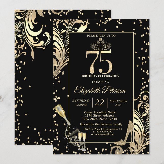 Invitación Tiara Purpurina Heels Diamonds Swirls 75 cumpleaño (Anverso / Reverso)