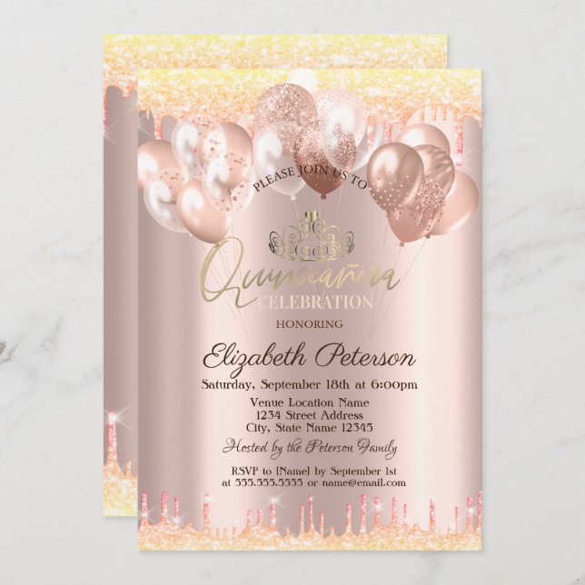 Invitación Tiara, Purpurina lanza globos Quinceañera (Anverso / Reverso)