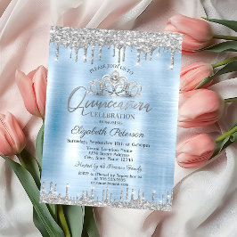 Invitación Tiara, Purpurina plateado arroja quinceañera azul