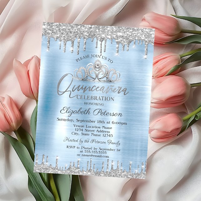 Invitación Tiara, Purpurina plateado arroja quinceañera azul (Subido por el creador)