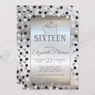 Invitación Tiara, Purpurina plateado, Bokeh Dots Sweet 16 Fie
