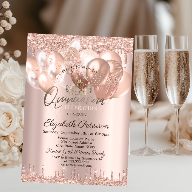 Invitación Tiara, Purpurina Rosa de oro lanza globos de Quinc (Subido por el creador)