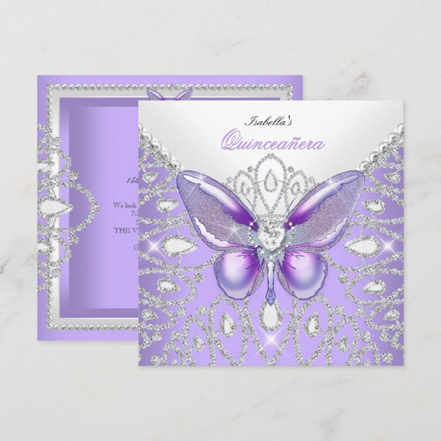Invitación Tiara Quinceanera 15.ª mariposa púrpura (Anverso / Reverso)