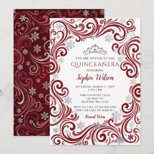 Invitación Tiara Quinceañera Copos de Nieve Rojos Plateados