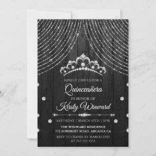 Invitación Tiara Quinceañera Diamante Negro Plata