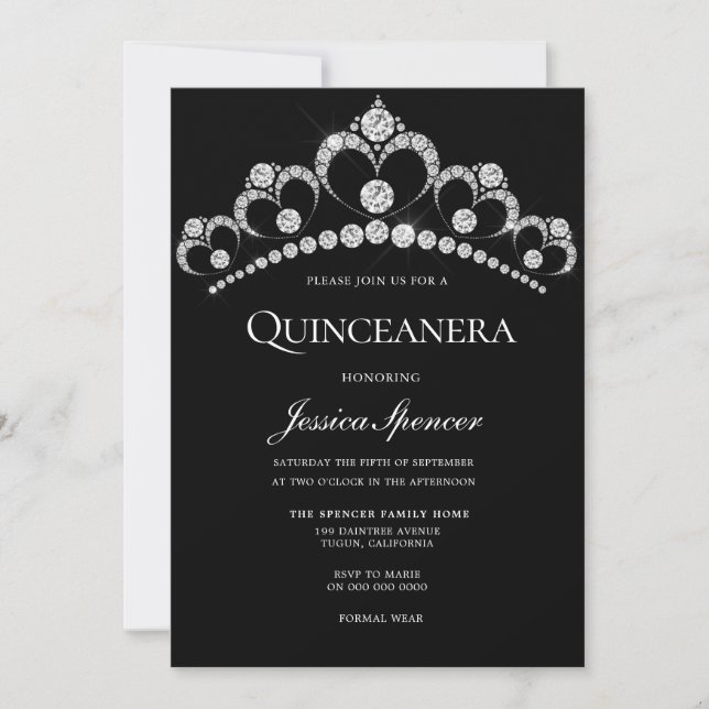 Invitación Tiara Quinceanera Fiesta de diamantes de color neg (Anverso)