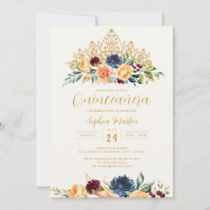 Invitación Tiara Quinceañera Floral Azul Marinho Borgoña