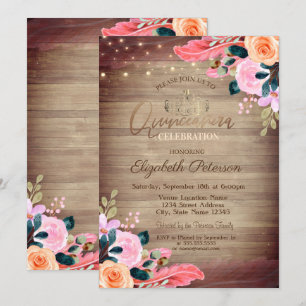 Invitación Tiara, Quinceañera Floral de Plumas de Madera
