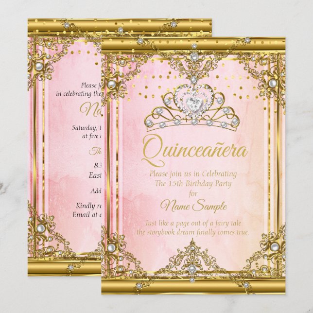 Invitación Tiara Quinceanera Invite a la Perla Blanca de Oro  (Anverso / Reverso)