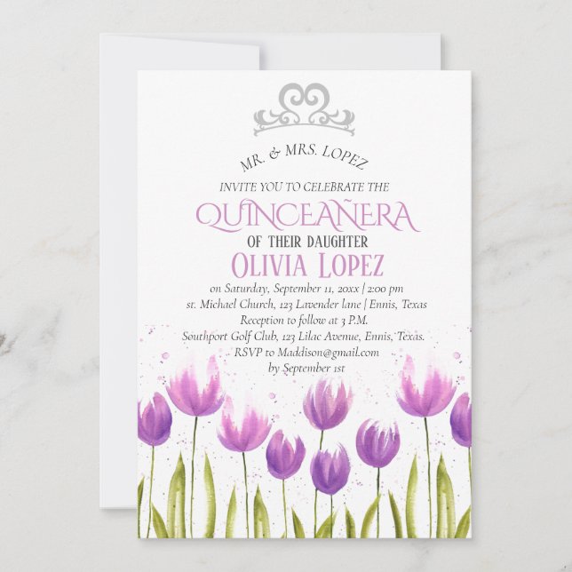 Invitación Tiara Quinceañera moderna Lavanda púrpura Cumpleañ (Anverso)