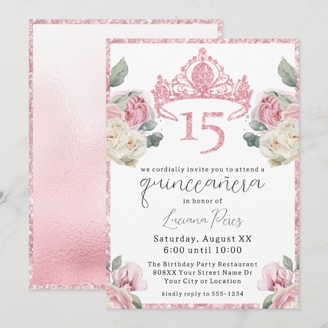 Invitación Tiara Quinceañera, Purpurina de rosas rosas y blan (Anverso / Reverso)