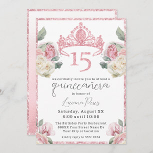 Invitación Tiara Quinceañera, Purpurina de rosas rosas y blan