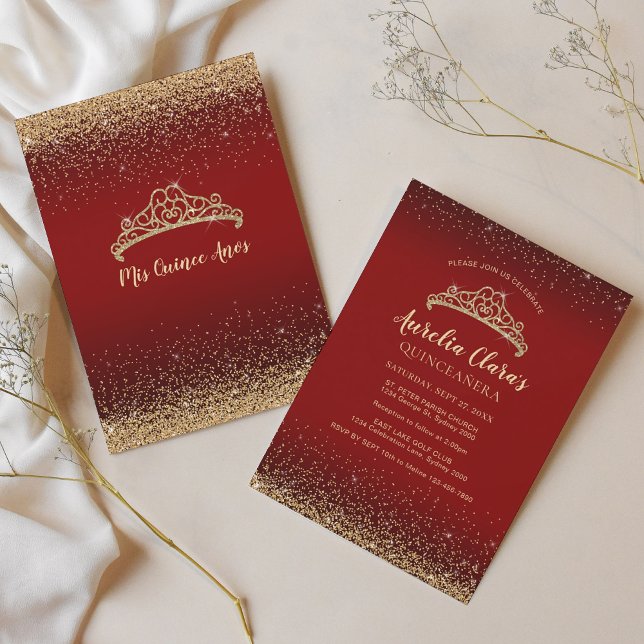 Invitación Tiara Quinceanera, Purpurina del Oro Rojo, esparci (Subido por el creador)
