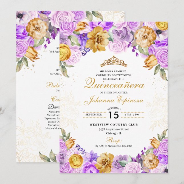 Invitación Tiara Quinceanera, Purpurina Floral de Lilac y Oro (Anverso / Reverso)