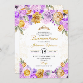 Invitación Tiara Quinceanera, Purpurina Floral de Lilac y Oro